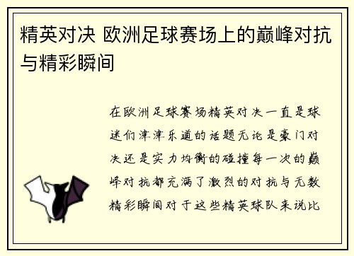 精英对决 欧洲足球赛场上的巅峰对抗与精彩瞬间